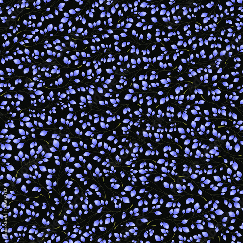 Branches with blue leaves on a black background. Seamless Vector illustration. Stylish background with graphic leaves. Use for wallpaper, web design, surface textures, textile prints, wrapping, etc.