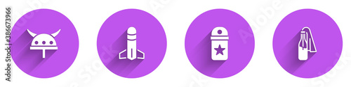 Set Viking in horned helmet, Rocket, Chevron and Cocktail molotov icon with long shadow. Vector.