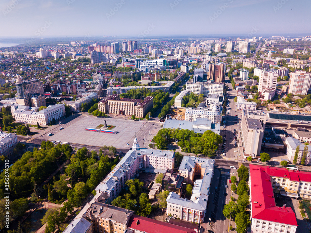 Panoramic aerial view of city center of Voronezh with Lenin Square, Russia..