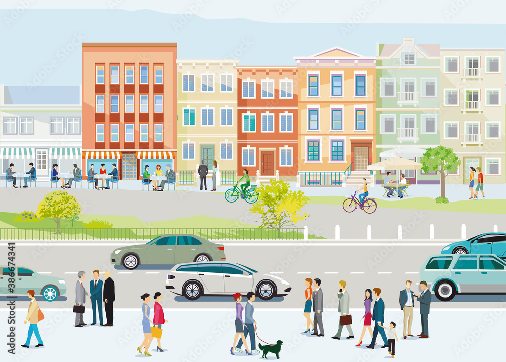 Stadtsilhouette einen kleinen Stadt mit Menschen in der Freizeit, und Straßenverkehr,  Illustration