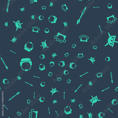 Set Brass knuckles, Medieval spear, Military helmet and Viking in horned on seamless pattern. Vector.