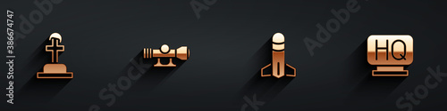 Set Soldier grave, Sniper optical sight, Rocket and Military headquarters icon with long shadow. Vector.