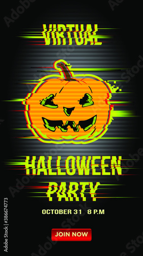 virtual halloween party invitation glitch style vector illustration
