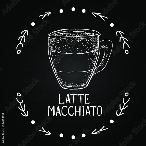 Latte macchiato coffee. Beverages on blackboard chalk illustration. Vector white chalk hand drawn mug and beverage with decor. Winter drinks for menu