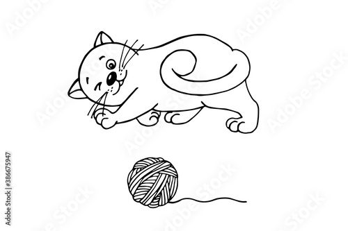 The cat plays with a ball of woolen thread. Vector doodle illustration. Black and white outline. Drawn by hand.