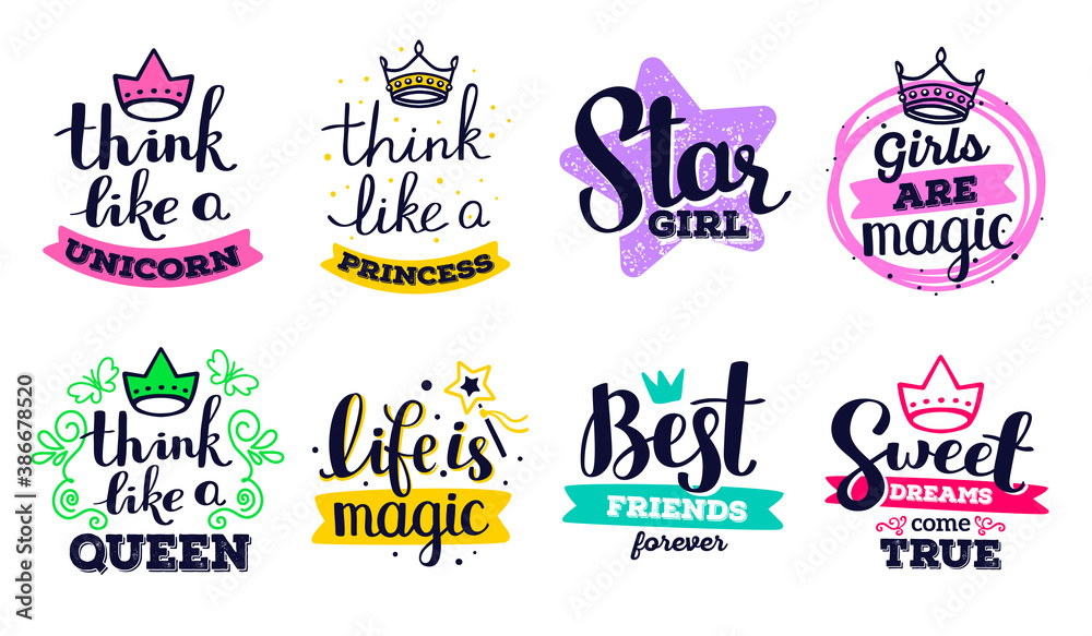Collection of beautiful vector girly handwritten inscription with color decorative element on white background. Label set with calligraphic text.