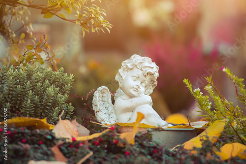 Remembrance concept: White angel on a grave, flowers © Patrick Daxenbichler