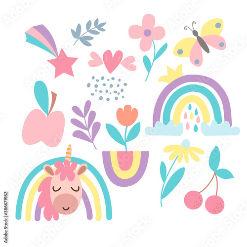 Image with a set of cute cartoon unicorn, rainbow, butterfly, flowers, fruits in vector graphics. For design, prints for children t-shirts, notebook covers, textiles, wrapping paper