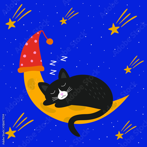   ute black cat sleeps on the moon. On a cosmic blue background. Postcard. Doodle flat illustration vector.