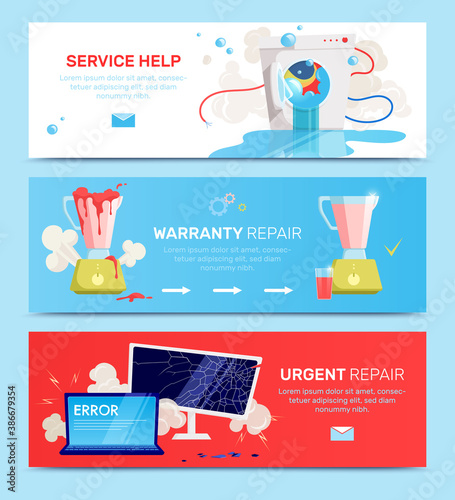 Broken Household Appliances Gadgets Flat Banner Set