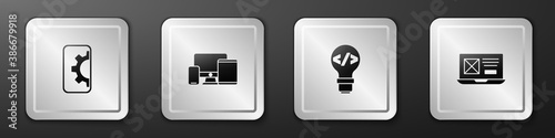 Set Web development, Monitor, mobile, tablet, Front end and UI UX design icon. Silver square button. Vector.
