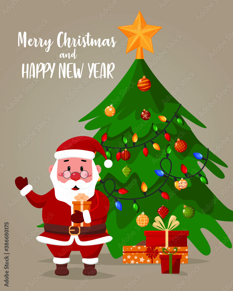 Vector cartoon illustration of friendly Santa Claus with gifts. Christmas tree in the background