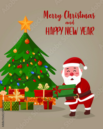 Vector cartoon illustration of friendly Santa Claus with gifts. Christmas tree in the background