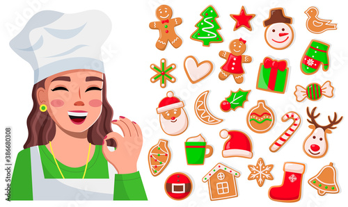 Smiling cook woman show ok good sign. Delicious sweet cookies. Set of christmas cookies, fir-tree, snowman, santa claus, christmas deer, candy, present, glove. Concept of New Year cookies collection