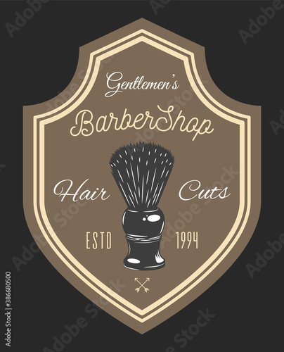 Gentlemen s barbershop shaving brush, hair cuts. Decoration elements, arrows. Black and brown poster isolated in frame. Vintage barbershop lettering for signboard, label, sticker, poster, logo