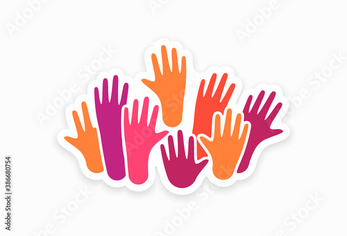 Colorful up hands. Charity teamwork vector concept illustration