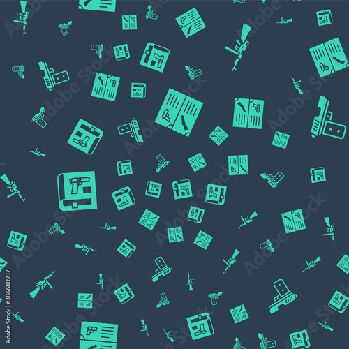 Set Weapon catalog, Tommy gun, Book with pistol or and Pistol on seamless pattern. Vector.