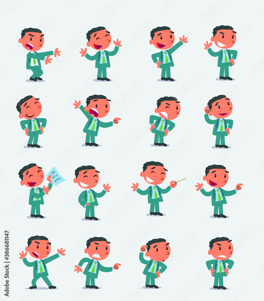 Cartoon character businessman in smart casual style. Set with different postures, attitudes and poses, doing different activities in isolated vector illustrations 