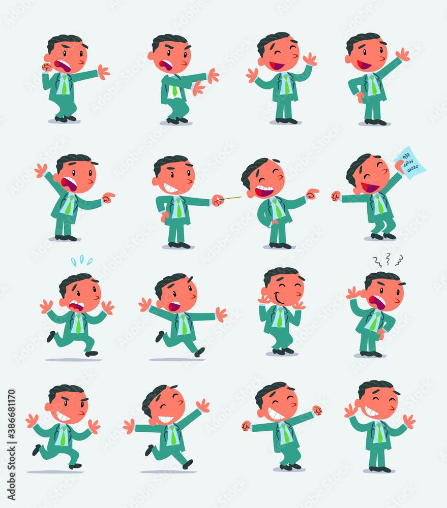 Cartoon character businessman in smart casual style. Set with different postures, attitudes and poses, doing different activities in isolated vector illustrations Cartoon character businessman in smart casual style. Set with different postures, attitudes and poses, doing different activities in isolated vector illustrations