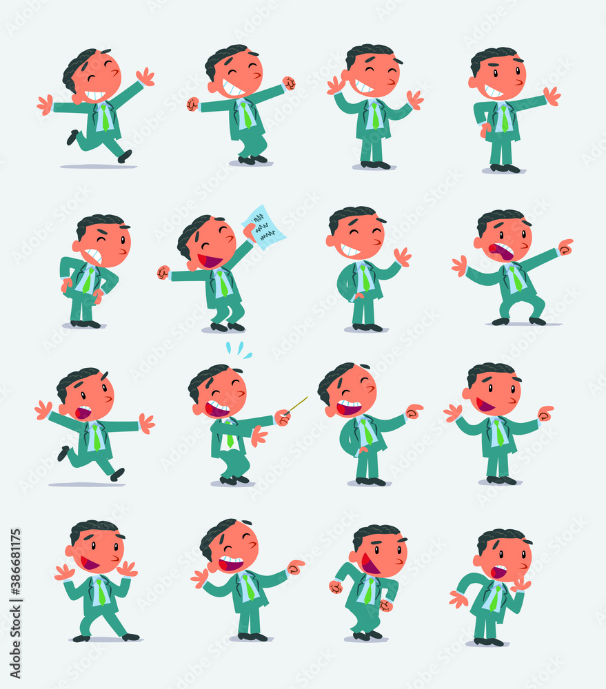 Cartoon character businessman in smart casual style. Set with different postures, attitudes and poses, doing different activities in isolated vector illustrations Cartoon character businessman in smart casual style. Set with different postures, attitudes and poses, doing different activities in isolated vector illustrations