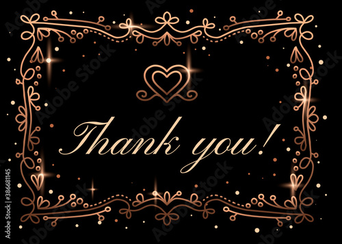 Vector shine template illustration with golden floral frame and word thank you on black background with heart.