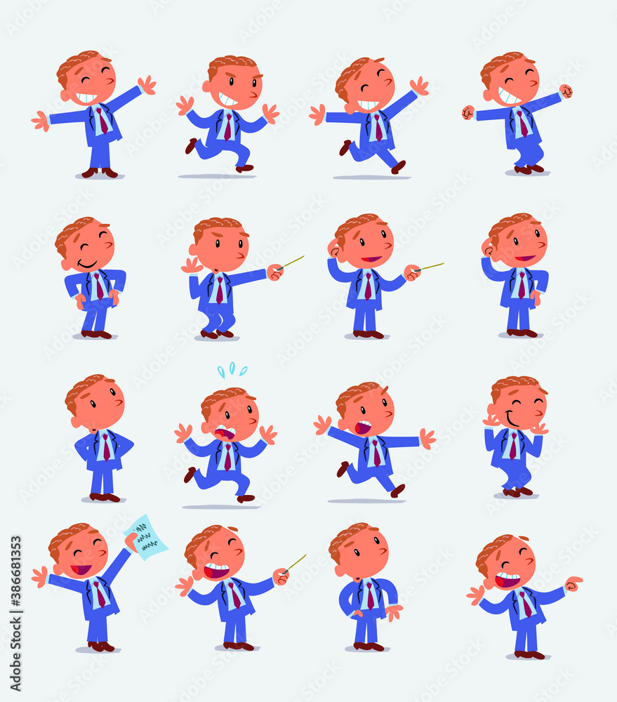 Cartoon character businessman in smart casual style. Set with different postures, attitudes and poses, doing different activities in isolated vector illustrations 