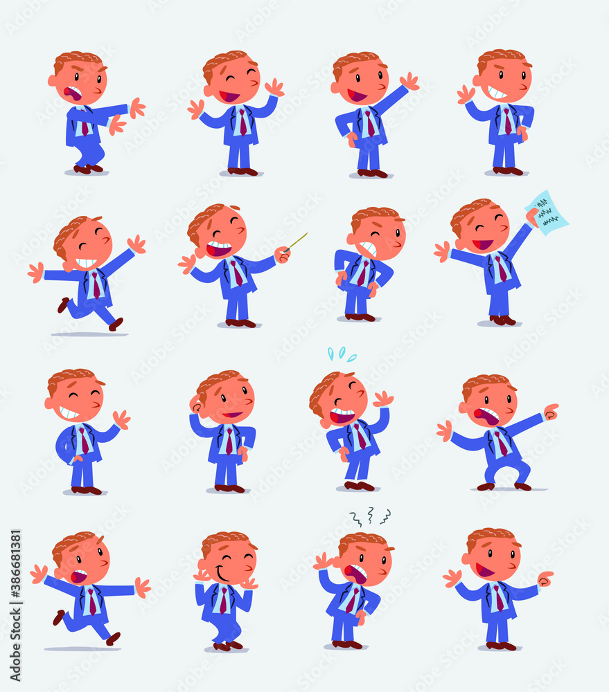 Cartoon character businessman in smart casual style. Set with different postures, attitudes and poses, doing different activities in isolated vector illustrations Cartoon character businessman in smart casual style. Set with different postures, attitudes and poses, doing different activities in isolated vector illustrations