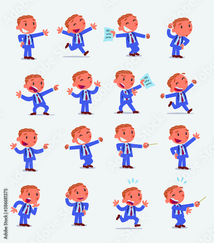 Cartoon character businessman in smart casual style. Set with different postures, attitudes and poses, doing different activities in isolated vector illustrations 