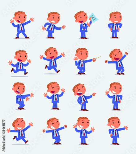 Cartoon character businessman in smart casual style. Set with different postures  attitudes and poses  doing different activities in isolated vector illustrations 