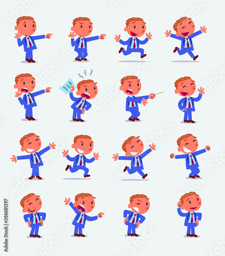 Cartoon character businessman in smart casual style. Set with different postures, attitudes and poses, doing different activities in isolated vector illustrations 