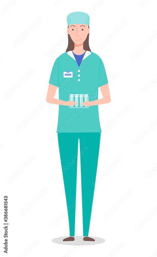 Laboratory assistant woman holding stand with empty test tubes in hands, professional medical assistant with glass flasks, flat cartoon character portrait in medical gown and protective hat smiling Laboratory assistant woman holding stand with empty test tubes in hands, professional medical assistant with glass flasks, flat cartoon character portrait in medical gown and protective hat smiling