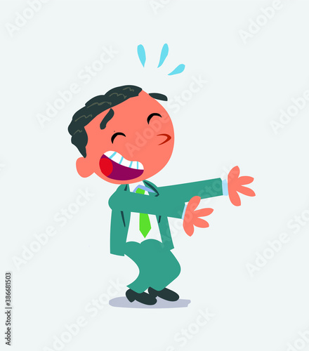 artoon character of businessman laughing a lot while showing something