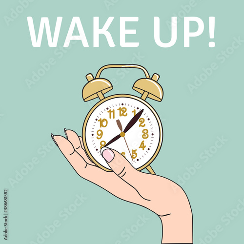 Wake up poster with colorful alarm clock