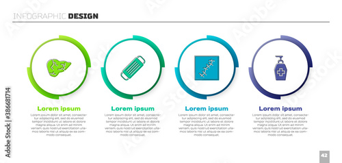 Set Hepatitis virus, Medical protective mask, Scar with suture and Liquid antibacterial soap. Business infographic template. Vector.