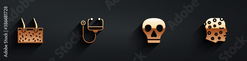 Set Hair covering skin, Stethoscope, Skull and Psoriasis or eczema rash icon with long shadow. Vector.