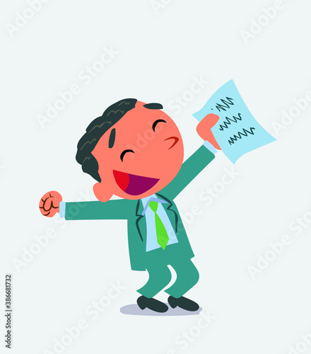 euphoric cartoon character of businessman raises his arms with document in hand.