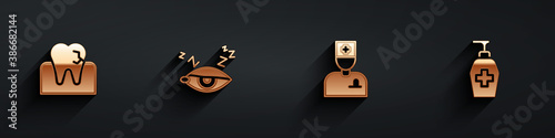 Set Tooth with caries, Insomnia, Male doctor and Liquid antibacterial soap icon with long shadow. Vector.