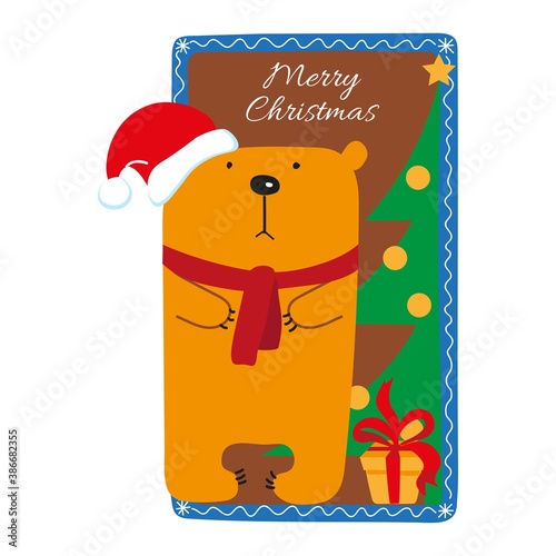 Greeting card with a cute bear in a Santa hat, a Christmas tree and a gift. Great for card, poster, poster and kids room decoration.