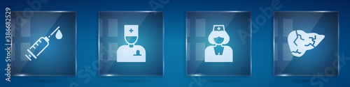 Set Syringe, Male doctor, Nurse and Hepatitis virus. Square glass panels. Vector.