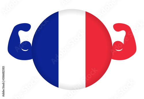 強いフランスのイメージイラスト（円形のフランス国旗と力こぶ）