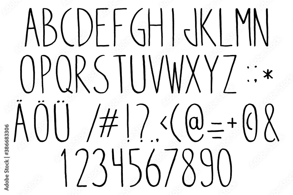 Thin hand drawn latin alphabet set with signs and numbers on white background