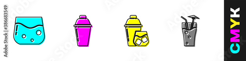 Set Glass of whiskey, Cocktail shaker, and icon. Vector.