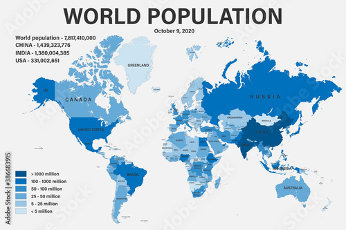World population on political map with scale  borders and countries