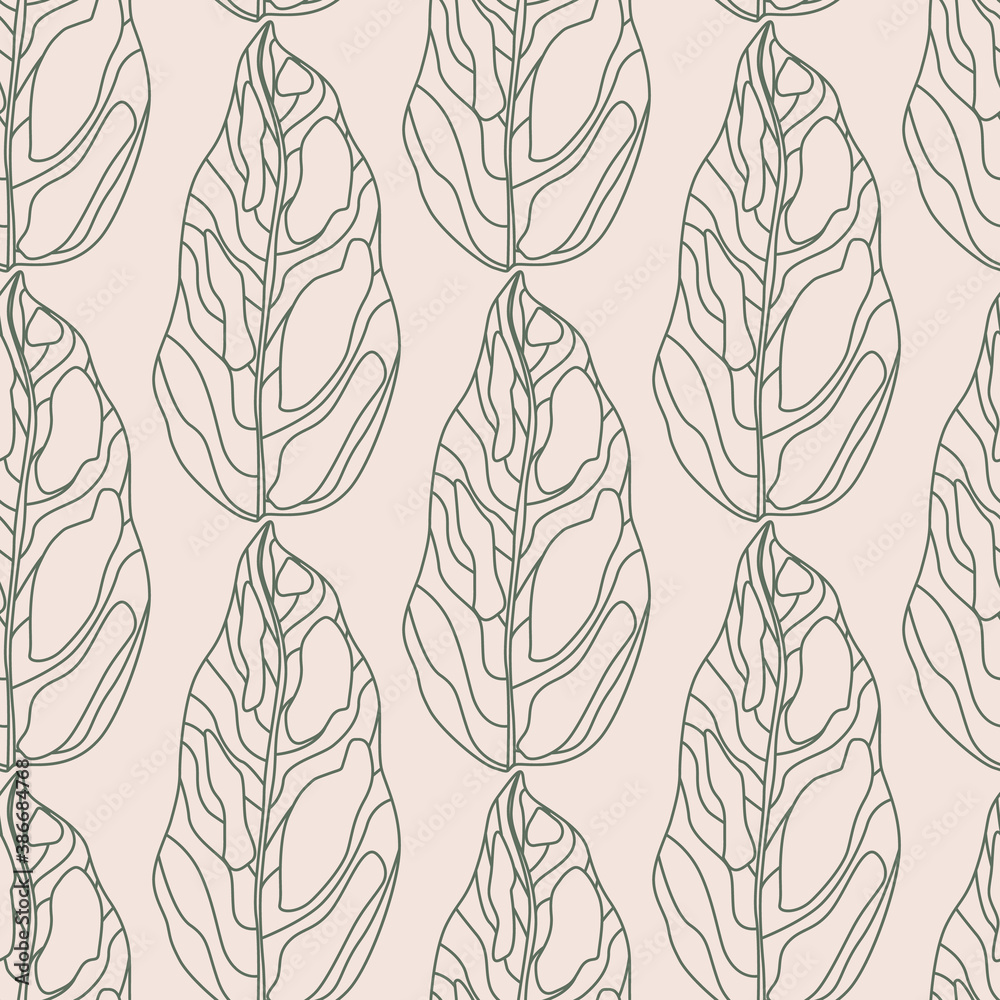 Fototapeta premium Nature seamless doodle pattern with outline leaves ornament. Contoured abstract foliage on light pink background.