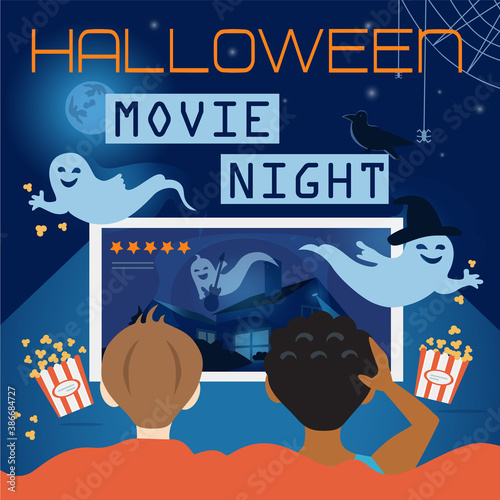 Halloween Movie Night Illustration, Site Cover. Children watch scary video on TV, ghosts, pumpkin, raven, haunted house and full moon. Flyer, invitation square template for party.