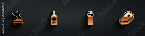Set Homemade pie, Tabasco sauce, Lighter and Steak meat icon with long shadow. Vector.