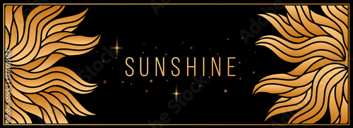 Vector horisontal sunshine illustration with beautiful golden flower and header on black background with frame and sparkle.