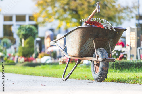 Fototapete Gardening concept: Close up of a wheelbarrow in a park