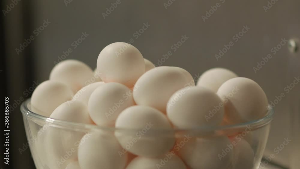 Chicken eggs in the kitchen push in forward camera movement blurred background Chicken eggs in the kitchen push in forward camera movement blurred background
