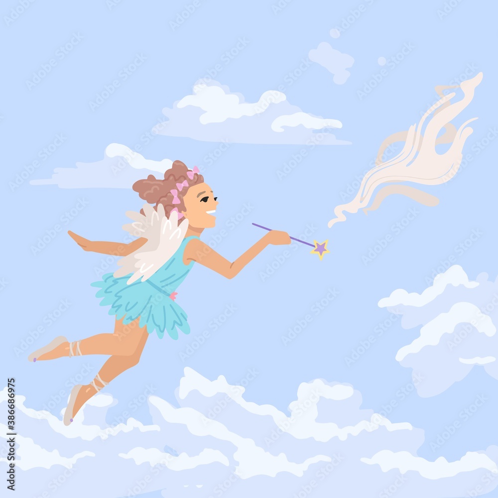 Girl dressed as a fairy, little angel flies in the sky, a little sorceress in the clouds. Vector character illustration. Cartoon style. Girl dressed as a fairy, little angel flies in the sky, a little sorceress in the clouds. Vector character illustration. Cartoon style.